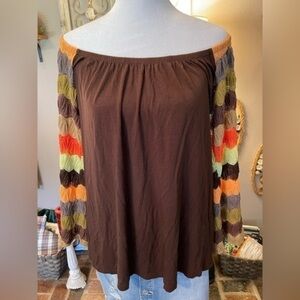 VaVa by Joy Han vintage off the shoulder striped crochet bell sleeve tunic top.